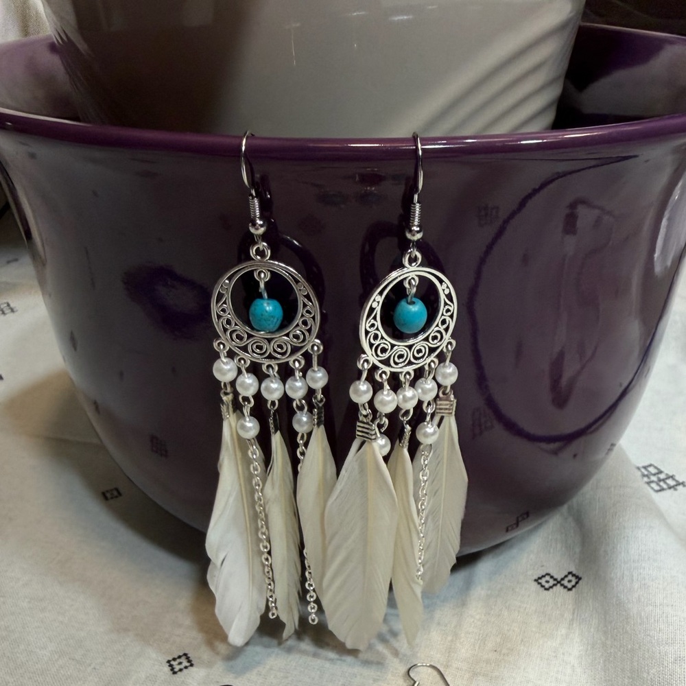 Silver and Turquoise Feather Earrings